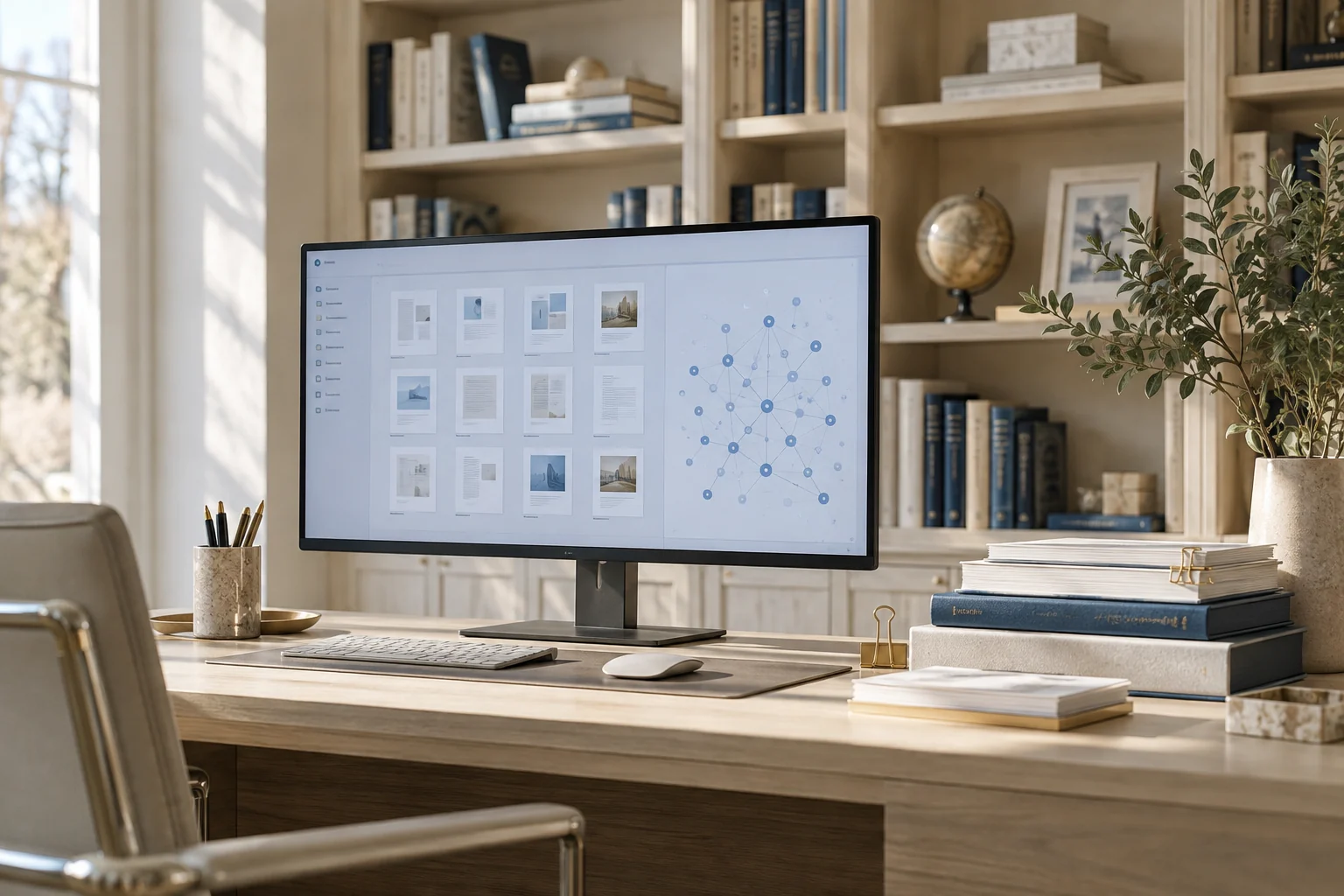 AI 生成的企业知识整理与研究场景概念图